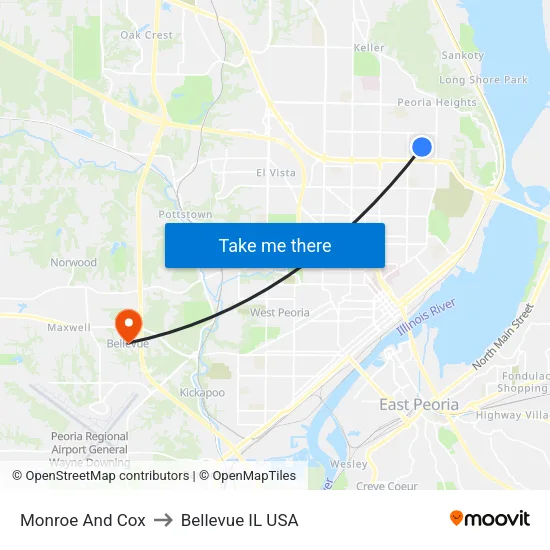 Monroe And Cox to Bellevue IL USA map