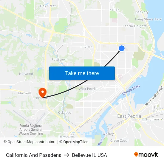 California And Pasadena to Bellevue IL USA map