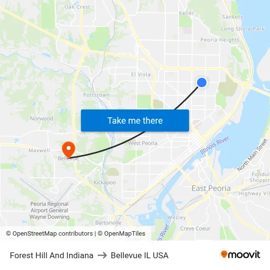 Forest Hill And Indiana to Bellevue IL USA map