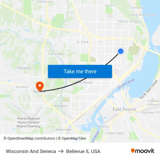 Wisconsin And Seneca to Bellevue IL USA map