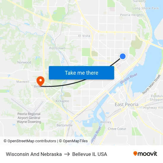 Wisconsin And Nebraska to Bellevue IL USA map