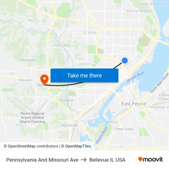 Pennsylvania And Missouri Ave to Bellevue IL USA map