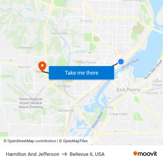 Hamilton And Jefferson to Bellevue IL USA map