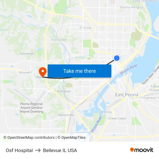 Osf Hospital to Bellevue IL USA map