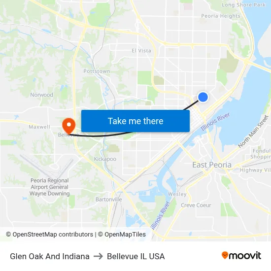Glen Oak And Indiana to Bellevue IL USA map