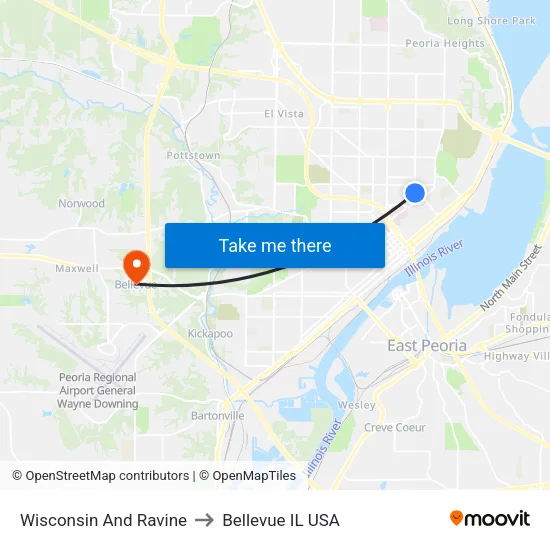 Wisconsin And Ravine to Bellevue IL USA map