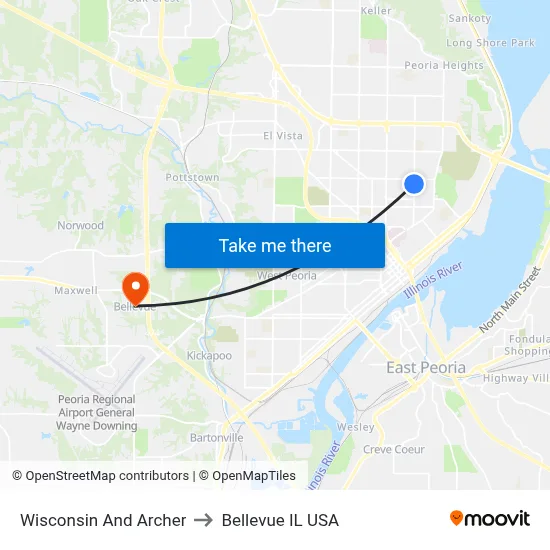 Wisconsin And Archer to Bellevue IL USA map