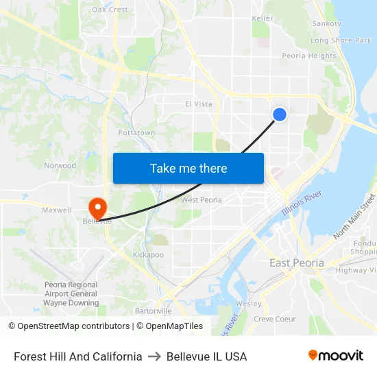 Forest Hill And California to Bellevue IL USA map