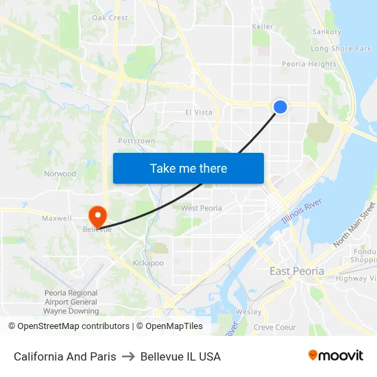 California And Paris to Bellevue IL USA map