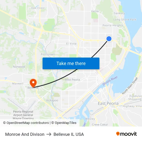 Monroe And Divison to Bellevue IL USA map