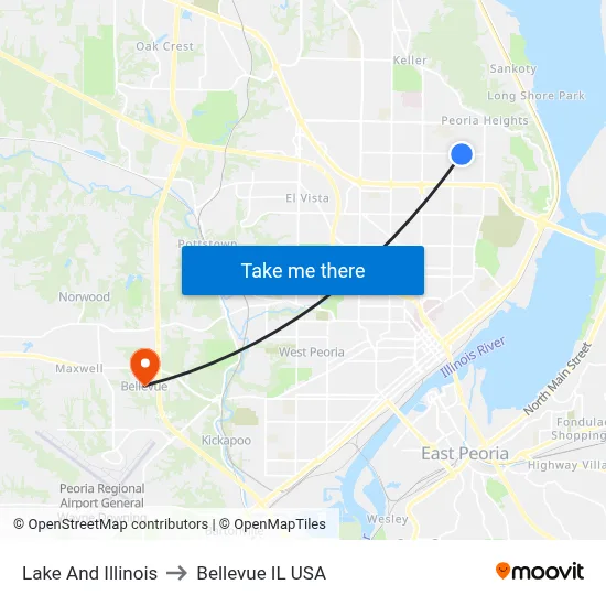 Lake And Illinois to Bellevue IL USA map