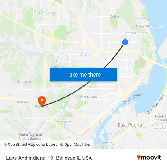Lake And Indiana to Bellevue IL USA map
