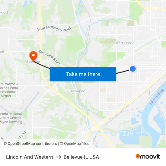Lincoln And Western to Bellevue IL USA map