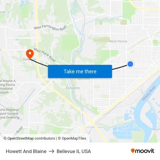 Howett And Blaine to Bellevue IL USA map