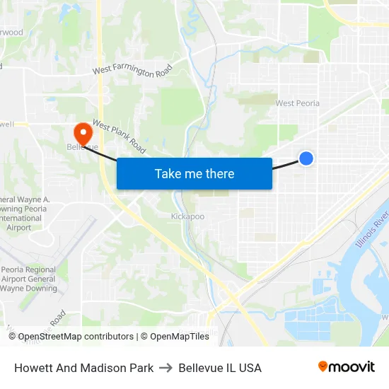 Howett And Madison Park to Bellevue IL USA map