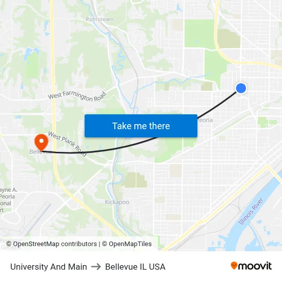 University And Main to Bellevue IL USA map