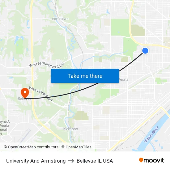 University And Armstrong to Bellevue IL USA map