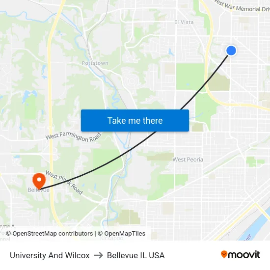 University And Wilcox to Bellevue IL USA map