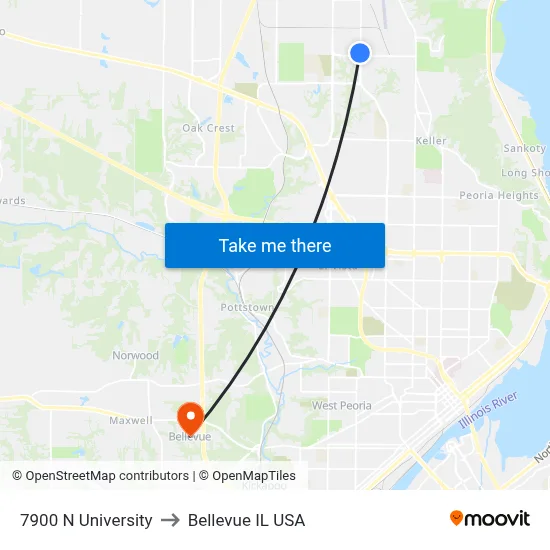 7900 N University to Bellevue IL USA map