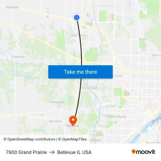 7600 Grand Prairie to Bellevue IL USA map