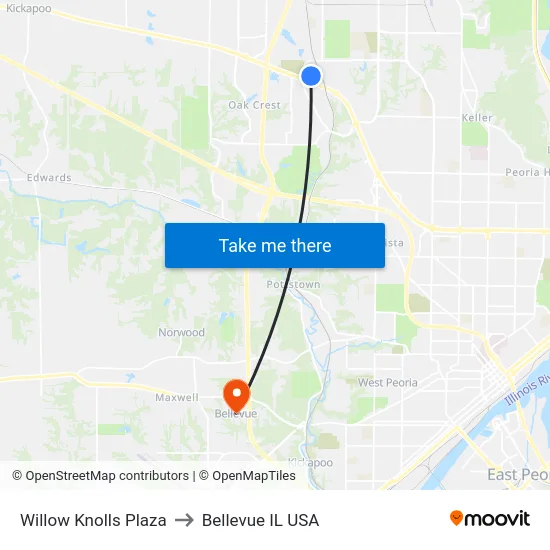 Willow Knolls Plaza to Bellevue IL USA map