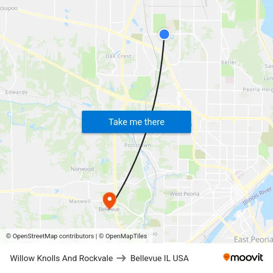 Willow Knolls And Rockvale to Bellevue IL USA map
