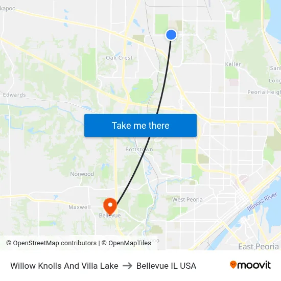 Willow Knolls And Villa Lake to Bellevue IL USA map