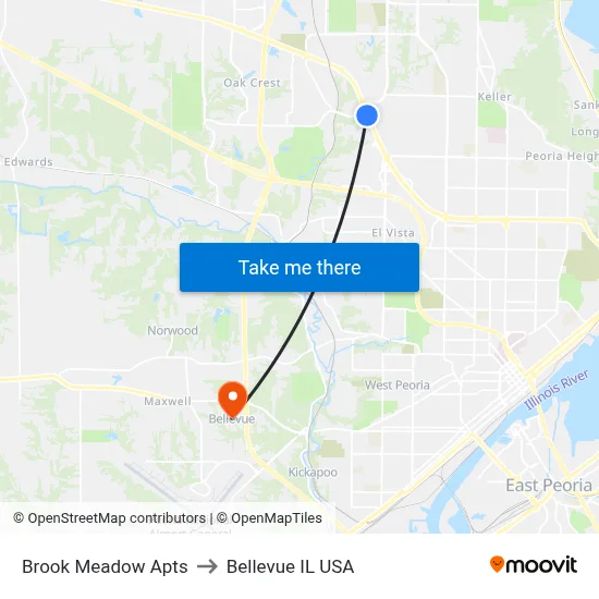Brook Meadow Apts to Bellevue IL USA map