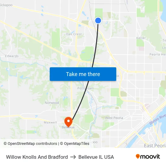 Willow Knolls And Bradford to Bellevue IL USA map