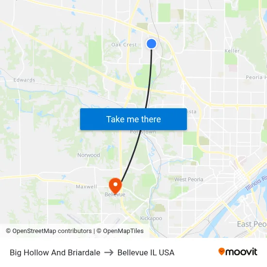 Big Hollow And Briardale to Bellevue IL USA map