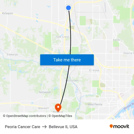 Peoria Cancer Care to Bellevue IL USA map
