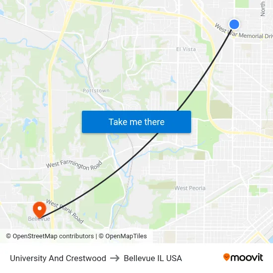 University And Crestwood to Bellevue IL USA map
