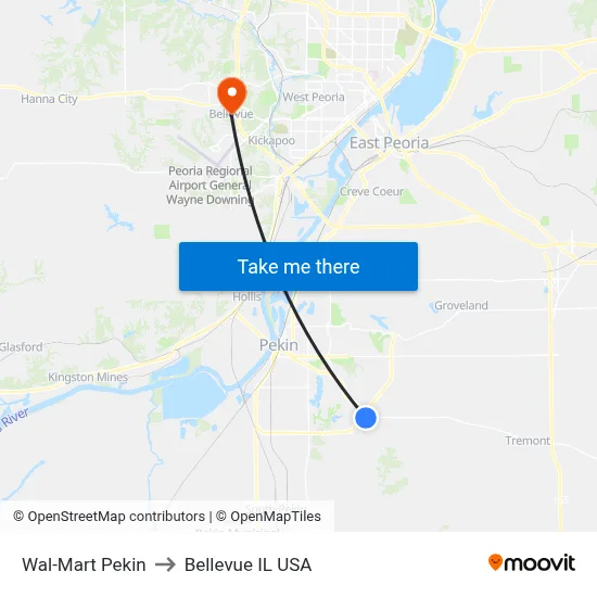 Wal-Mart Pekin to Bellevue IL USA map