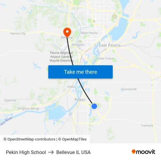 Pekin High School to Bellevue IL USA map