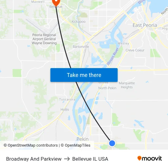 Broadway And Parkview to Bellevue IL USA map