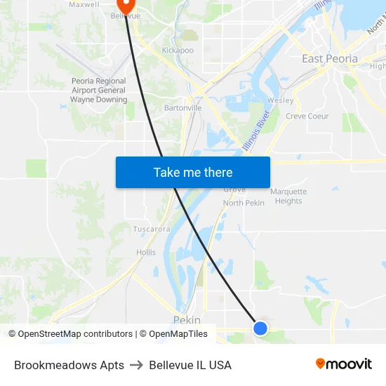 Brookmeadows Apts to Bellevue IL USA map