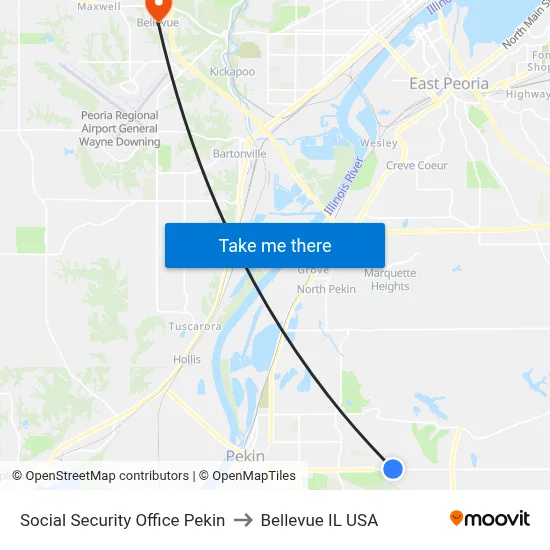 Social Security Office Pekin to Bellevue IL USA map