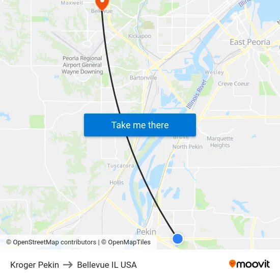 Kroger Pekin to Bellevue IL USA map