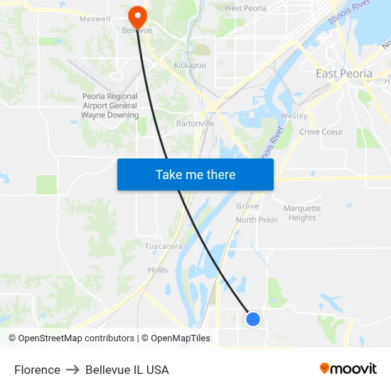 Florence to Bellevue IL USA map