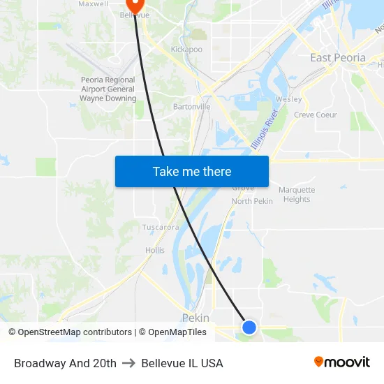 Broadway And 20th to Bellevue IL USA map