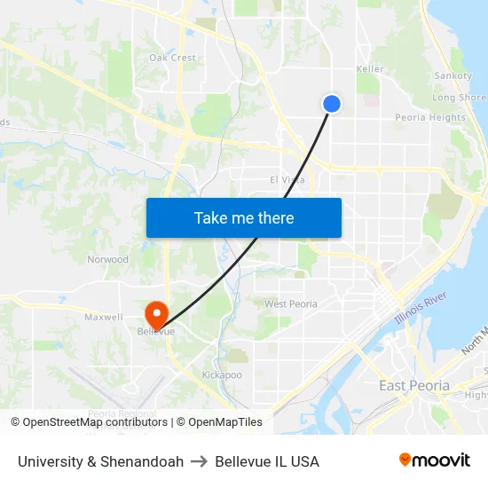 University & Shenandoah to Bellevue IL USA map