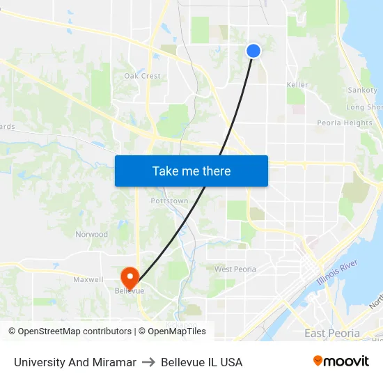 University And Miramar to Bellevue IL USA map