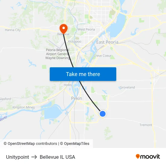 Unitypoint to Bellevue IL USA map