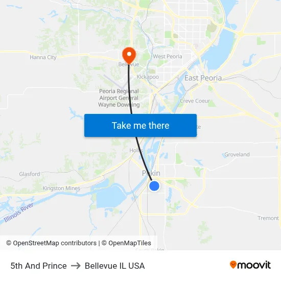 5th And Prince to Bellevue IL USA map