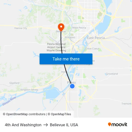 4th And Washington to Bellevue IL USA map