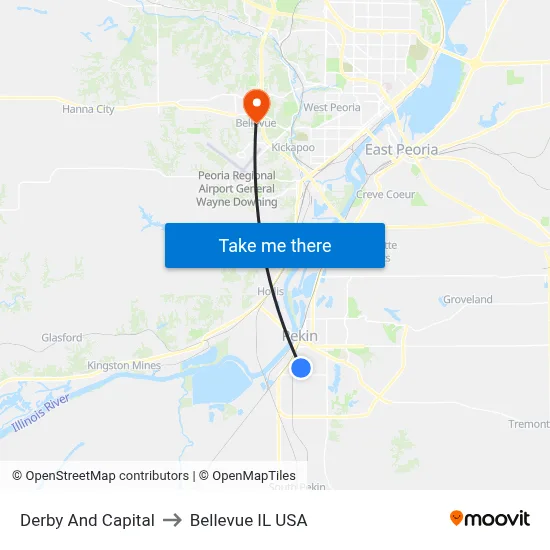 Derby And Capital to Bellevue IL USA map