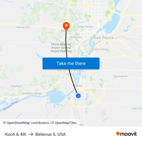 Koch & 4th to Bellevue IL USA map