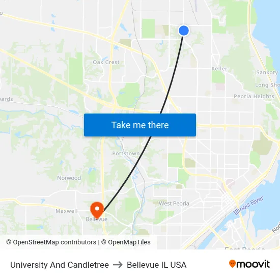University And Candletree to Bellevue IL USA map