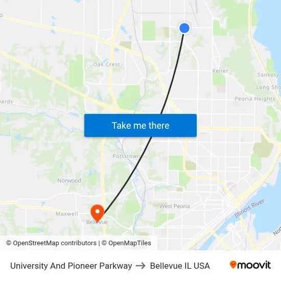 University And Pioneer Parkway to Bellevue IL USA map