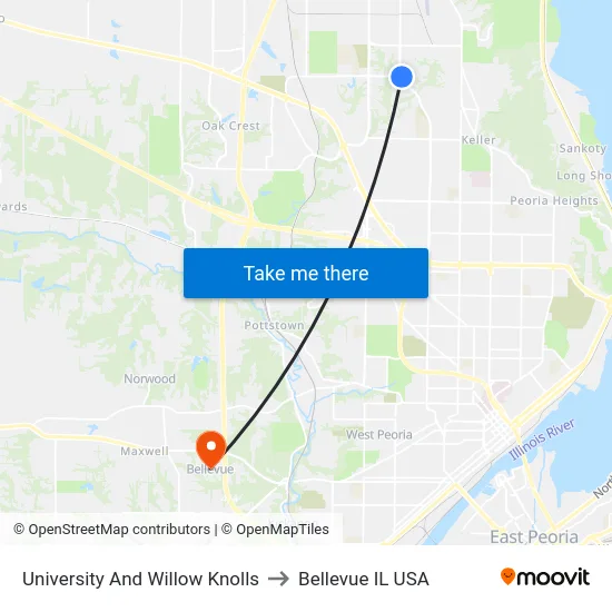 University And Willow Knolls to Bellevue IL USA map